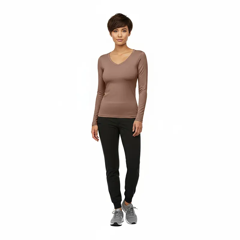 Wholesale women's taupe long-sleeve v-neck top with black jogger pants and gray sneakers