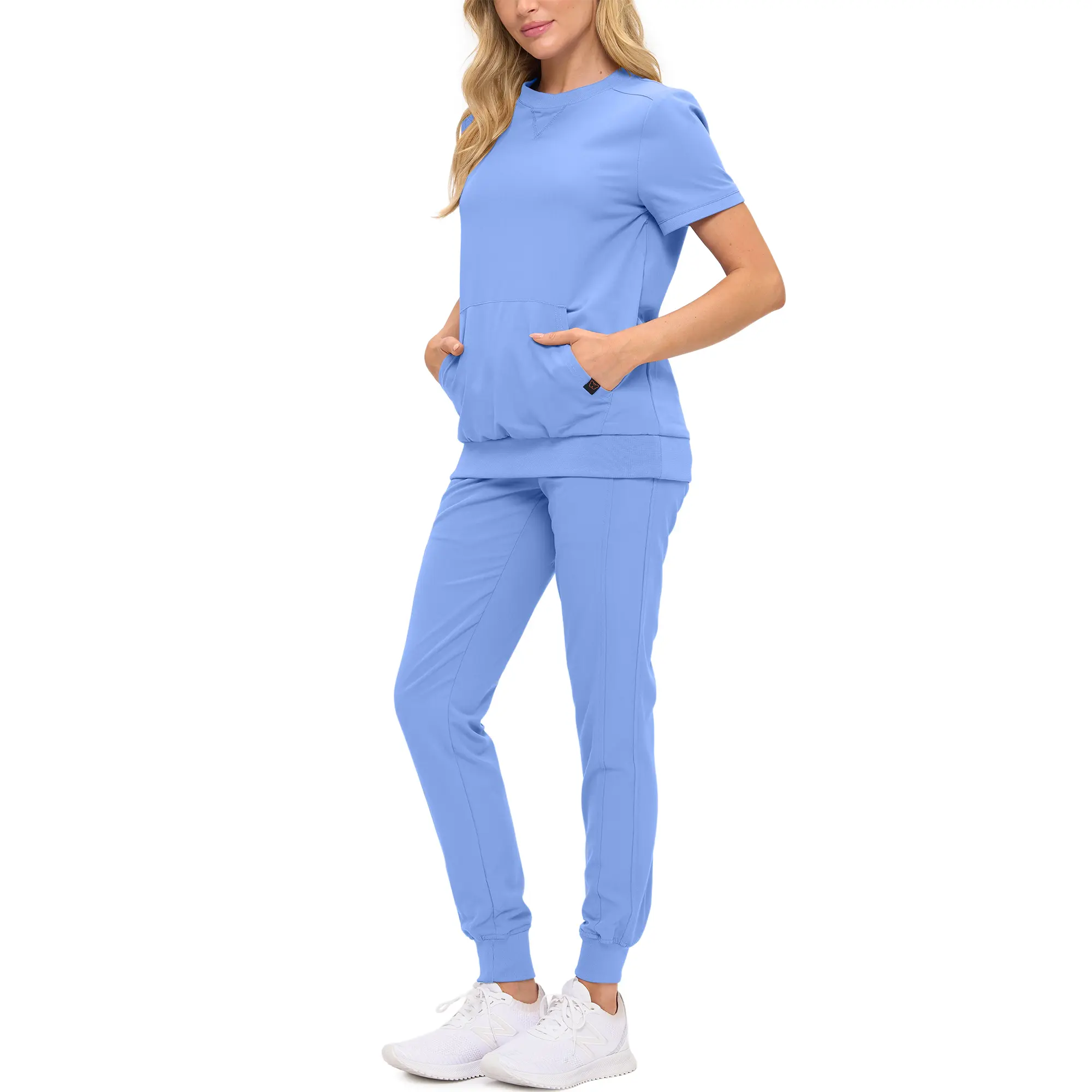 Wholesale women's blue short-sleeve scrub top and jogger pants set with pockets