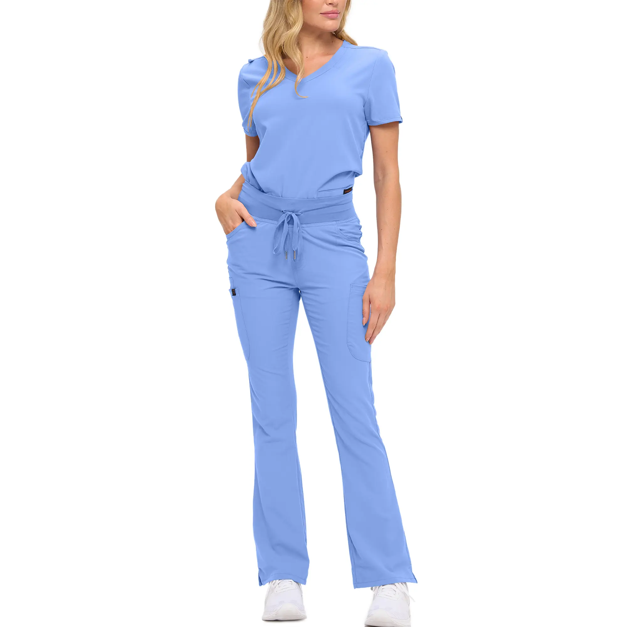 Wholesale women's blue scrub set with short-sleeve top and flare-leg pants with drawstring waist