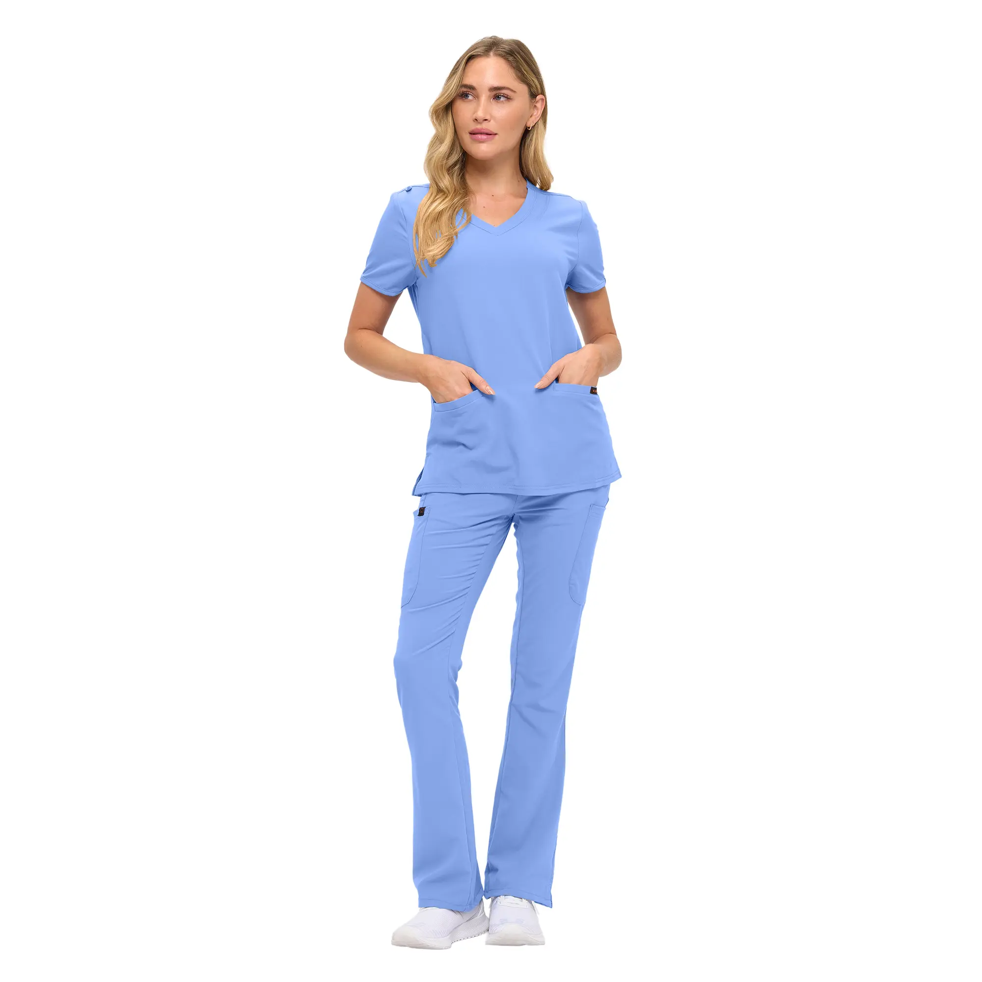 Wholesale women's blue scrubs set with v-neck top and flared pants with pockets