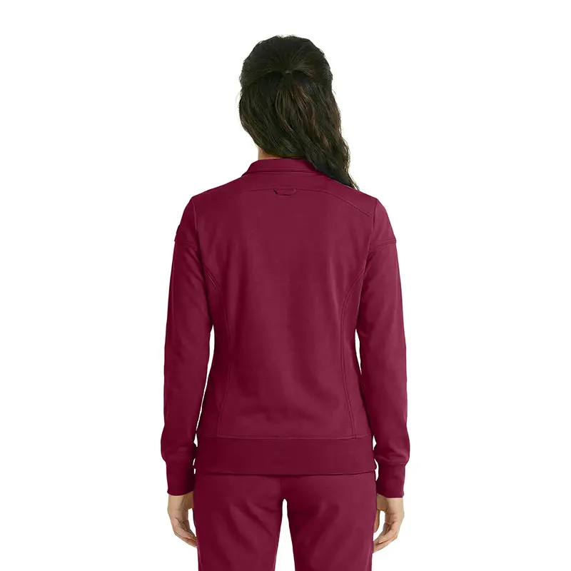 Wholesale women's burgundy zip-up sweatshirt with ribbed cuffs and waistband, back view