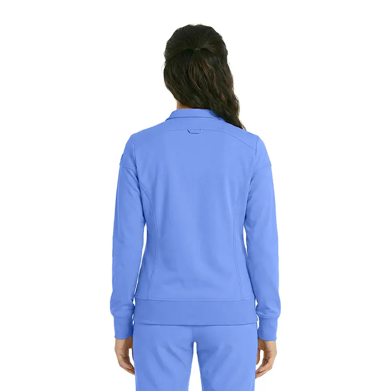 Wholesale women's periwinkle blue zip-up jacket with ribbed cuffs and waistband, back view
