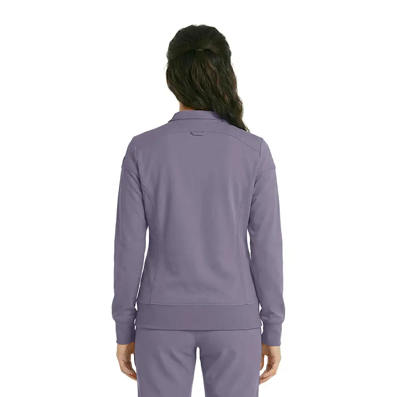 Wholesale women's purple quarter-zip sweatshirt with ribbed cuffs and waistband, back view
