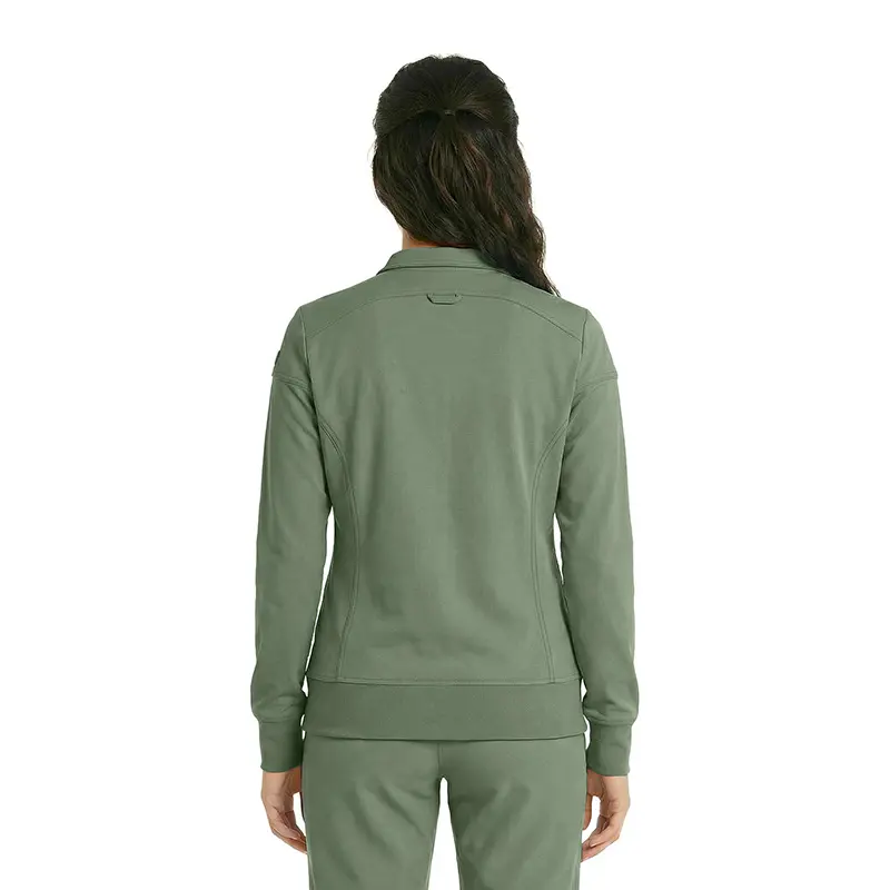 Wholesale women's sage green quarter-zip sweatshirt with ribbed cuffs, shown from back view