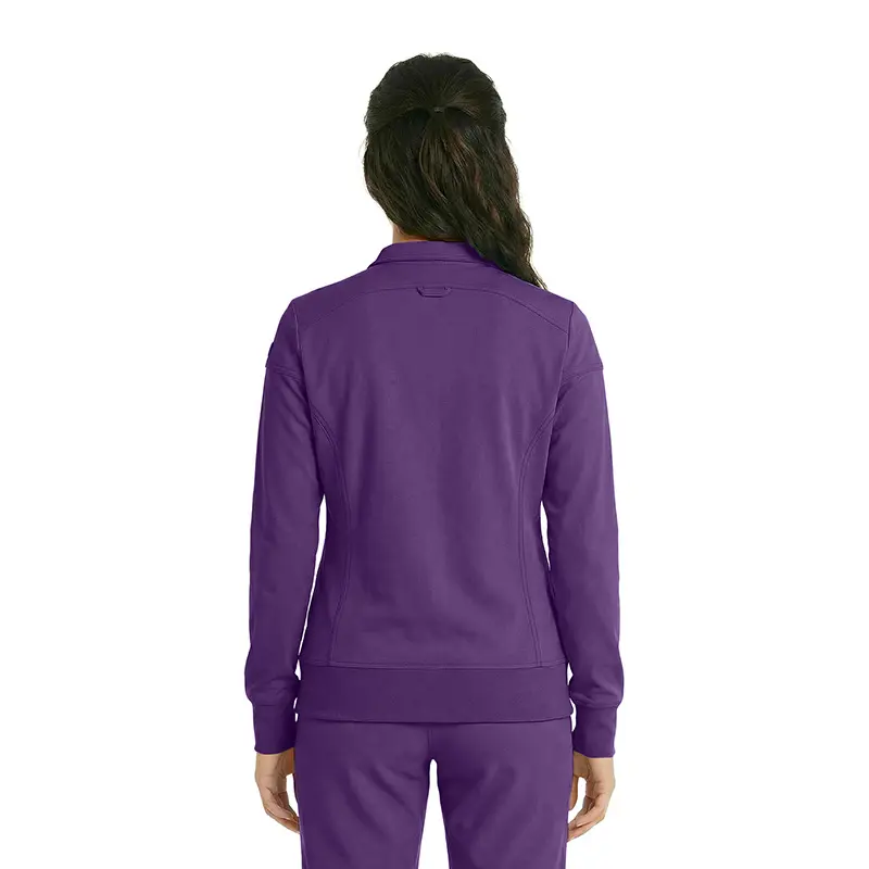 Wholesale women's purple full-zip athletic jacket with ribbed cuffs and waistband, back view