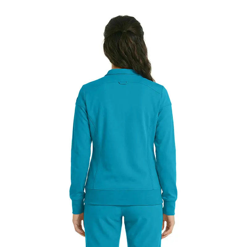 Wholesale women's turquoise zip-up jacket with ribbed cuffs and waistband, back view