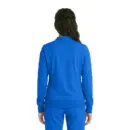Wholesale women's blue zip-up jacket with ribbed cuffs and hem, shown from back view