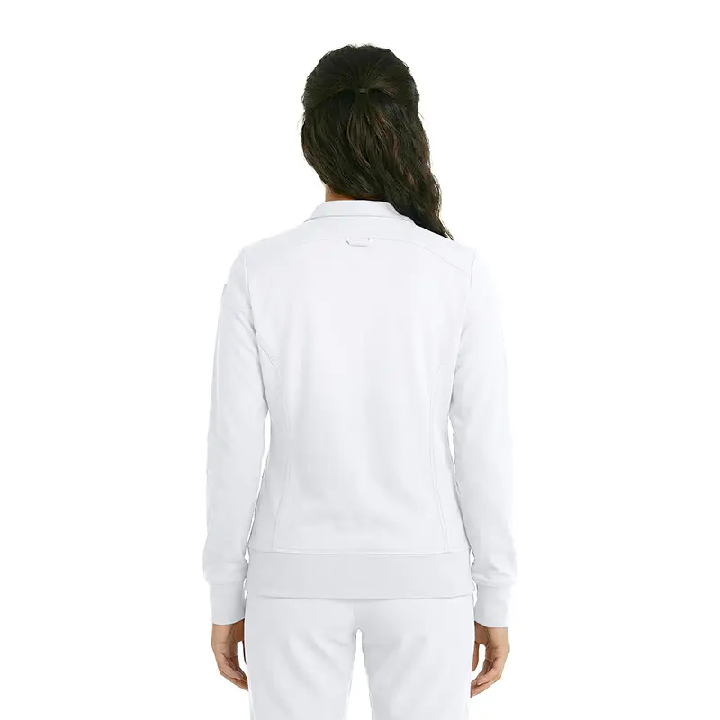 Wholesale women's white zip-up sweatshirt with ribbed cuffs and waistband, back view