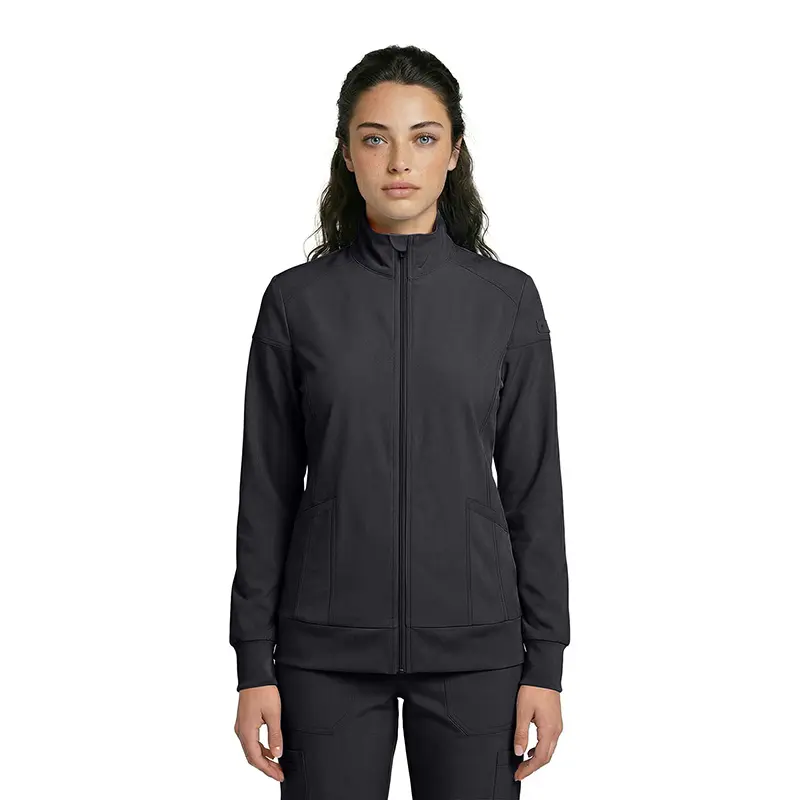 Wholesale women's black zip-up track jacket with ribbed cuffs and side pockets