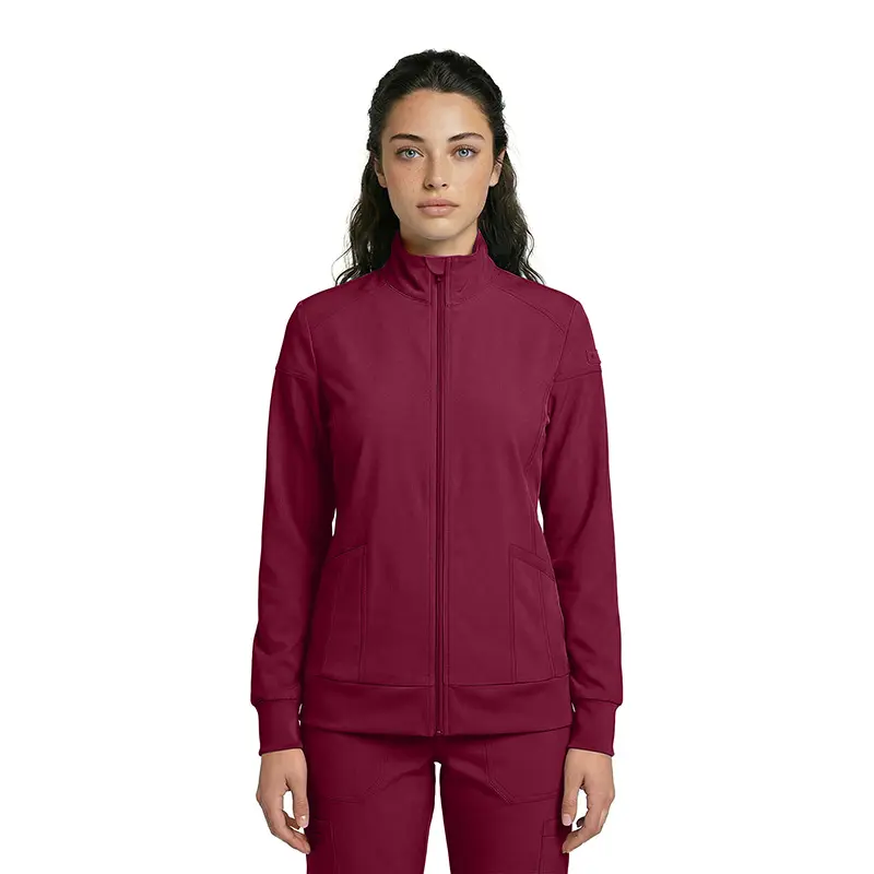Wholesale women's burgundy zip-up track jacket with ribbed cuffs and side pockets