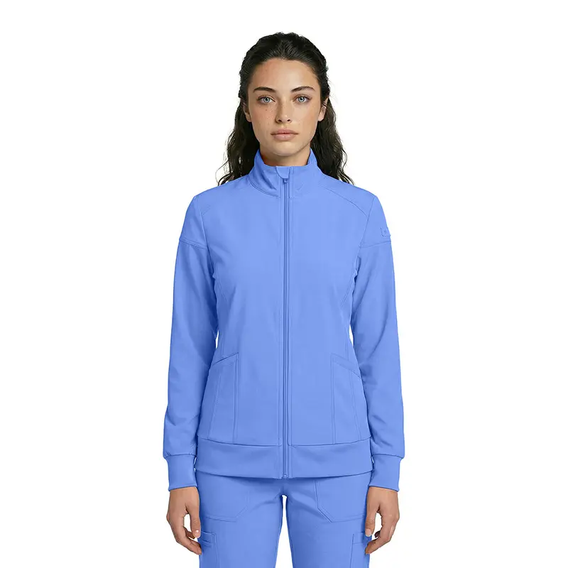 Wholesale women's periwinkle blue zip-up track jacket with side pockets and ribbed cuffs