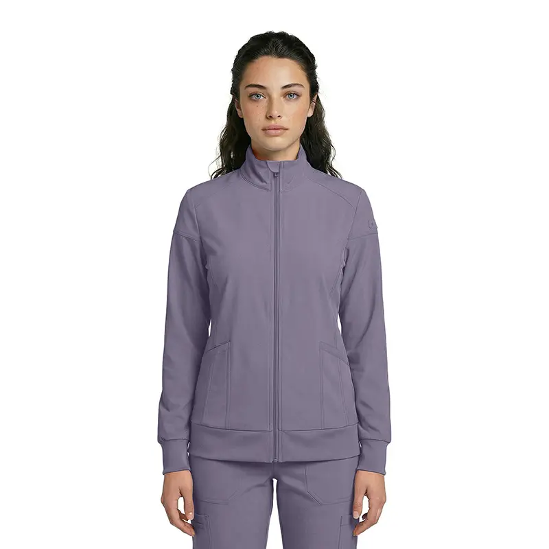 Wholesale women's purple zip-up track jacket with ribbed cuffs and side pockets
