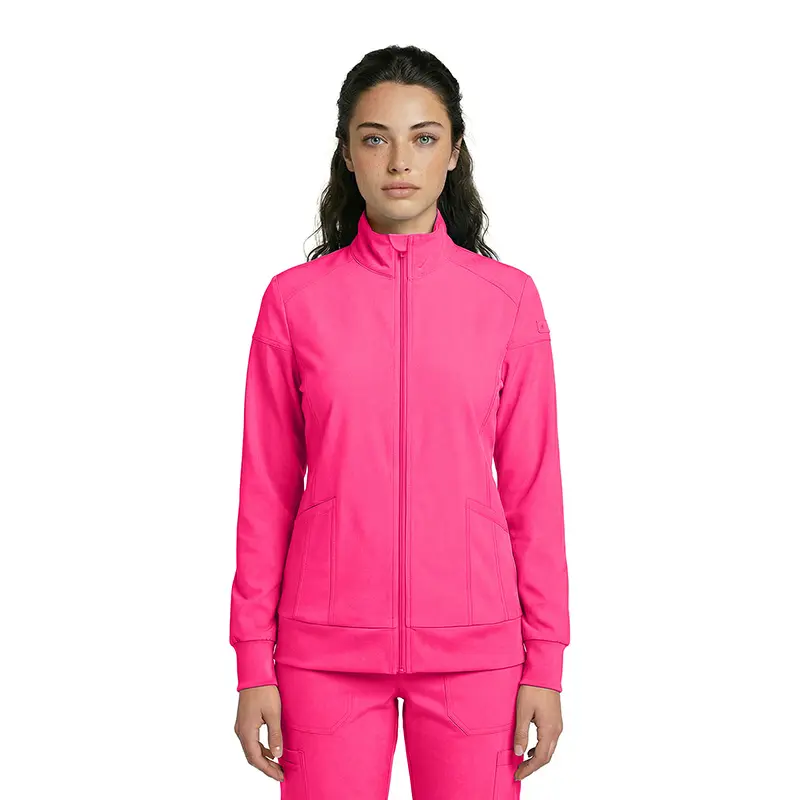 Wholesale women's hot pink zip-up track jacket with ribbed cuffs and side pockets