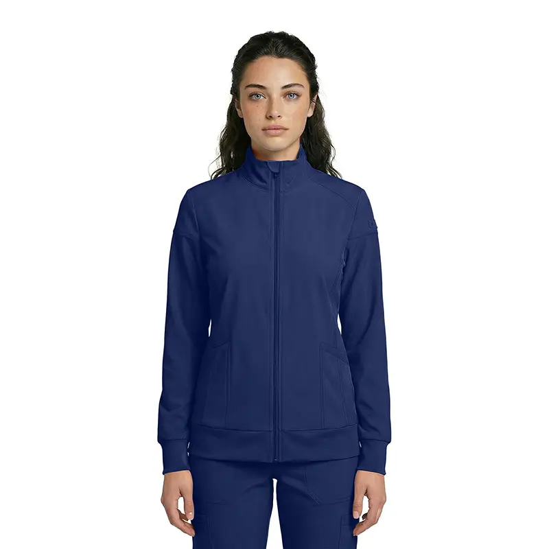 Wholesale women's navy blue full-zip track jacket with ribbed collar and side pockets