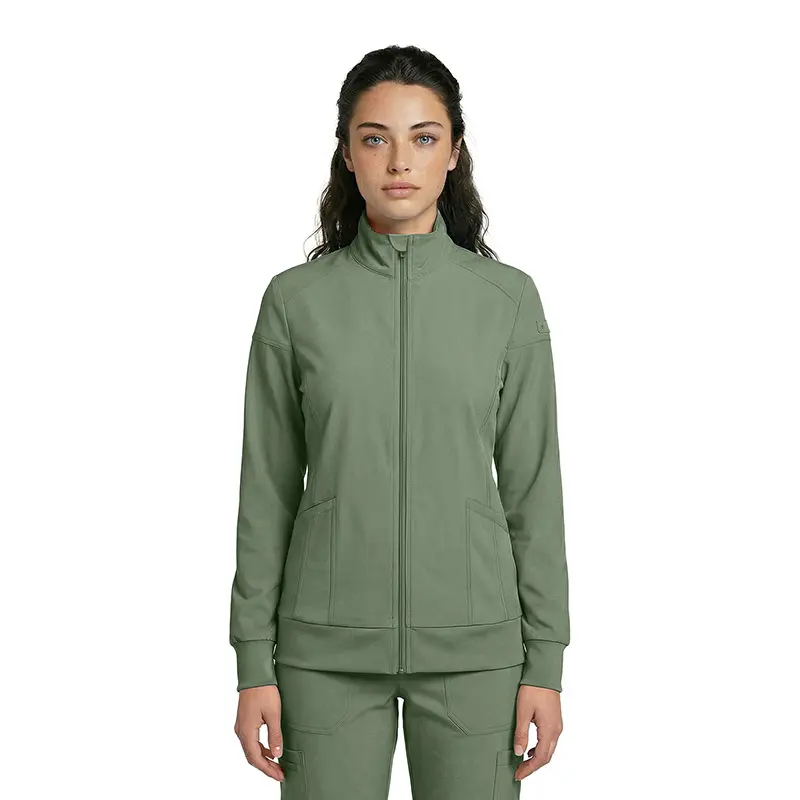 Wholesale women's sage green zip-up jacket with ribbed cuffs and side pockets