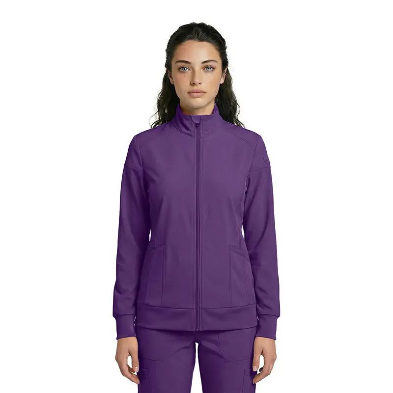 Wholesale women's purple zip-up jacket with ribbed cuffs and front pockets