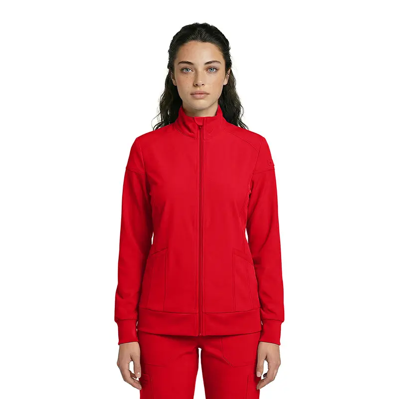 Wholesale women's red zip-up track jacket with ribbed cuffs and waistband