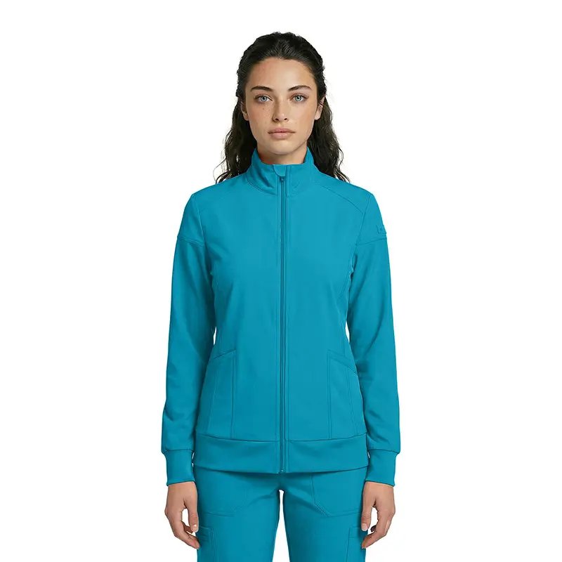 Wholesale women's turquoise zip-up jacket with ribbed cuffs and side pockets