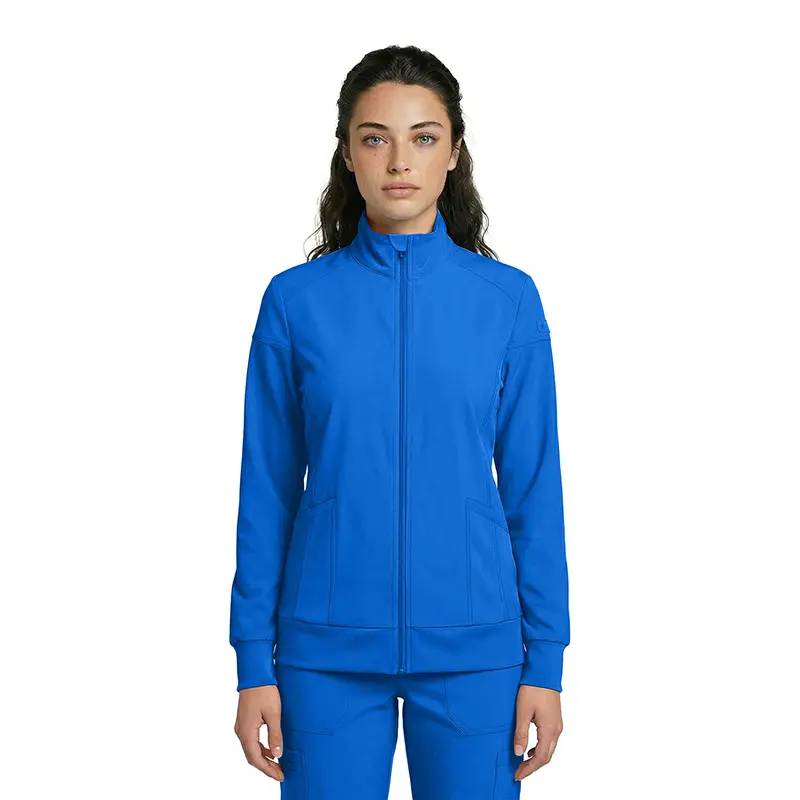Wholesale women's blue zip-up track jacket with ribbed cuffs and side pockets
