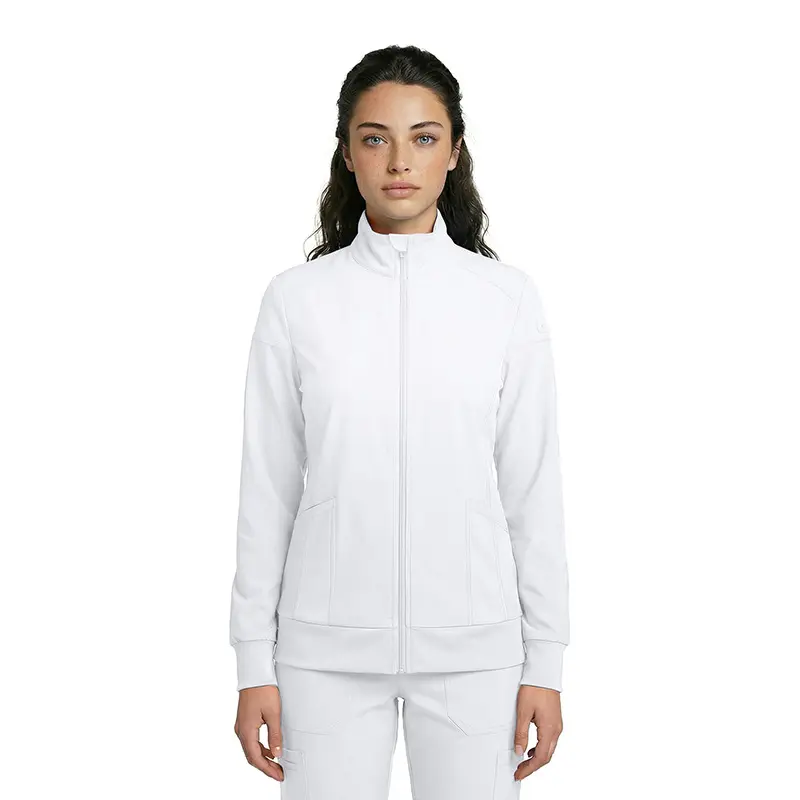 Wholesale women's white zip-up track jacket with side pockets and ribbed cuffs