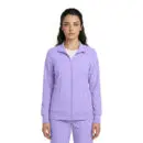Wholesale women's lavender zip-up jacket with long sleeves and front pockets over white shirt