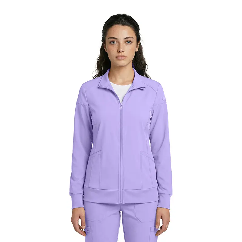 Wholesale women's lavender zip-up jacket with long sleeves and front pockets over white shirt