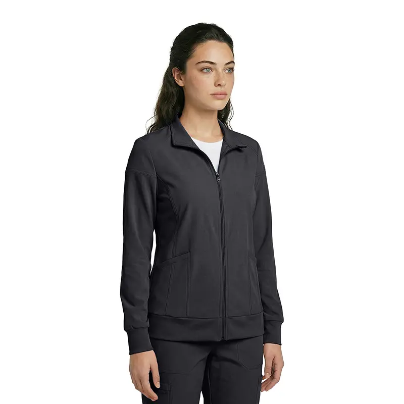 Wholesale women's black zip-up jacket with collar and side pockets