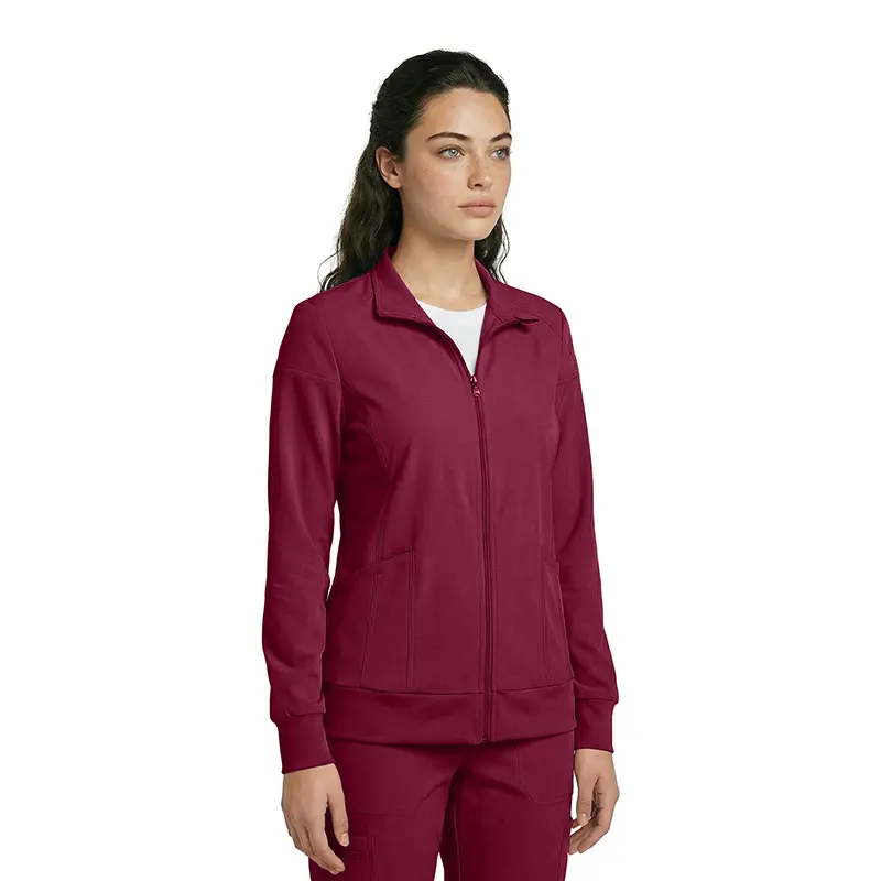 Wholesale women's burgundy full-zip fleece jacket with collar and side pockets