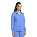 Wholesale women's periwinkle blue zip-up jacket with ribbed collar and cuffs