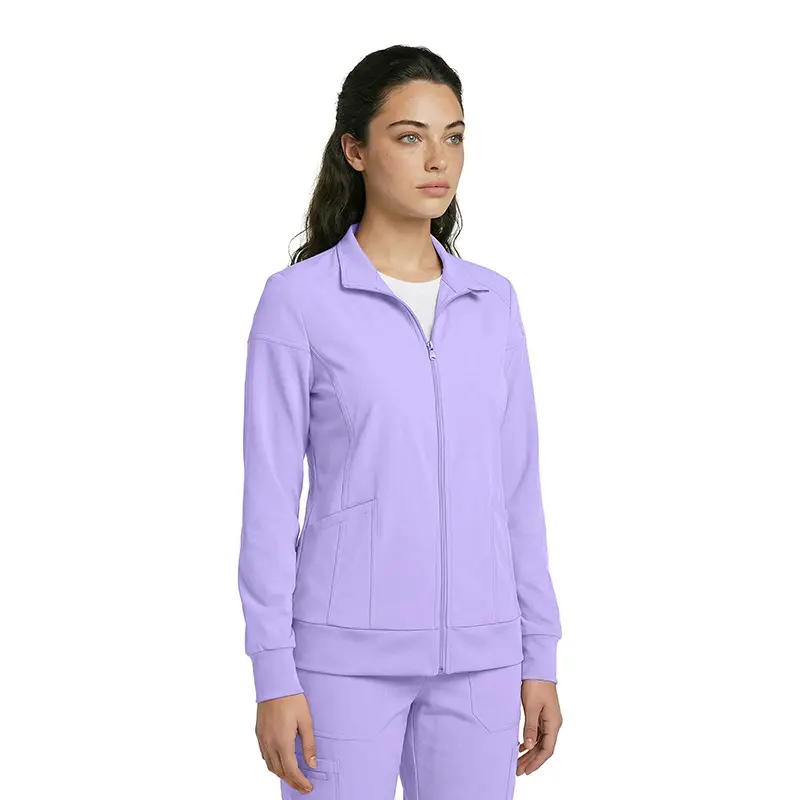 Wholesale women's lavender zip-up track jacket with ribbed cuffs and side pockets