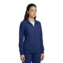 Wholesale women's navy blue full-zip track jacket with ribbed cuffs and white undershirt
