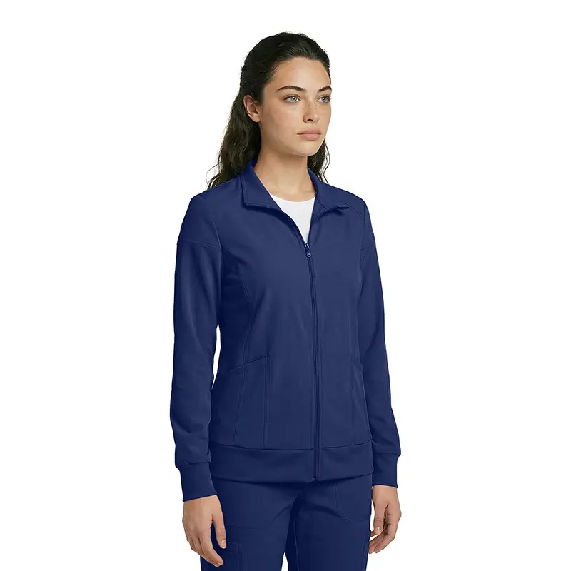 Wholesale women's navy blue full-zip track jacket with ribbed cuffs and white undershirt