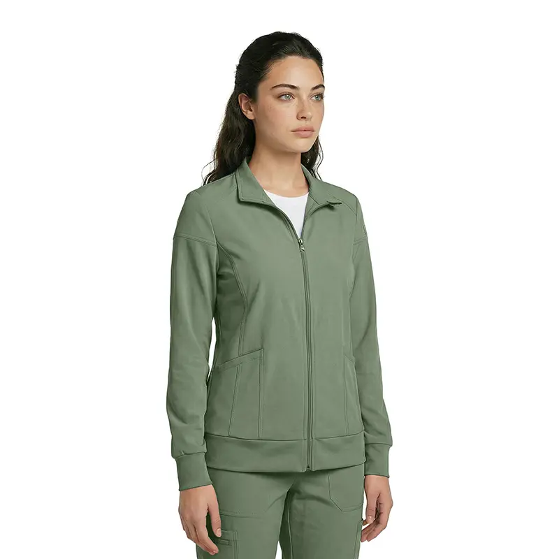 Wholesale women's sage green full-zip jacket with collar and side pockets over white tee