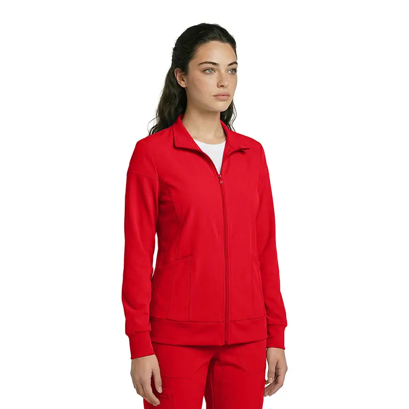 Wholesale women's red zip-up track jacket with ribbed cuffs and collar