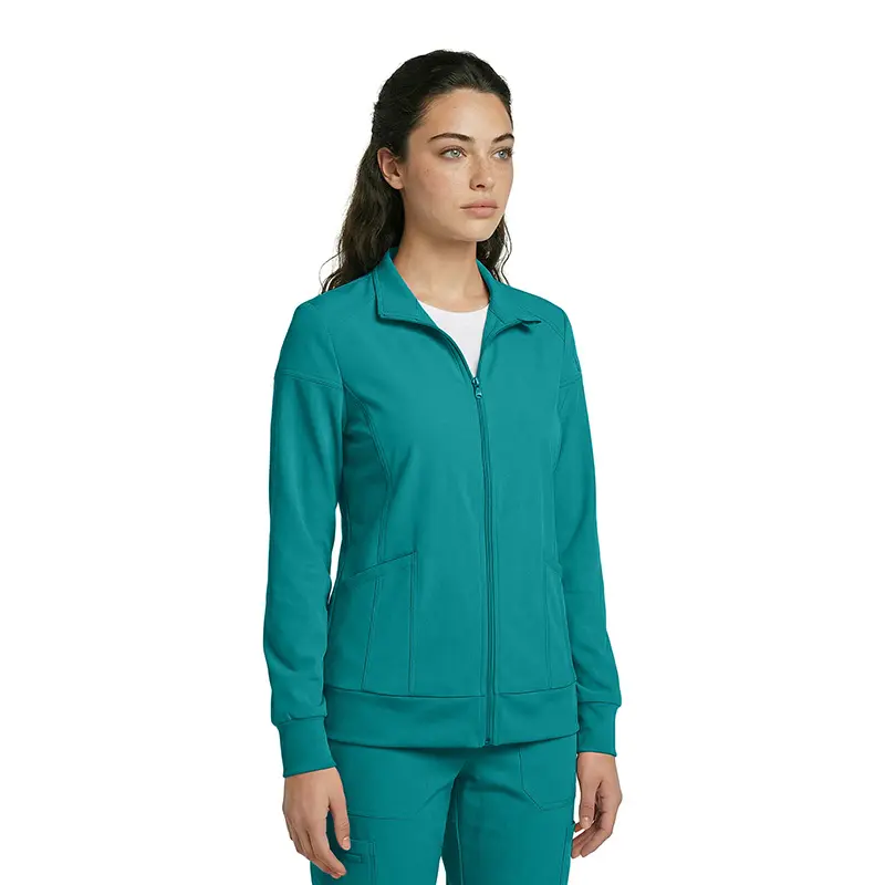 Wholesale women's teal zip-up jacket with collar and side pockets