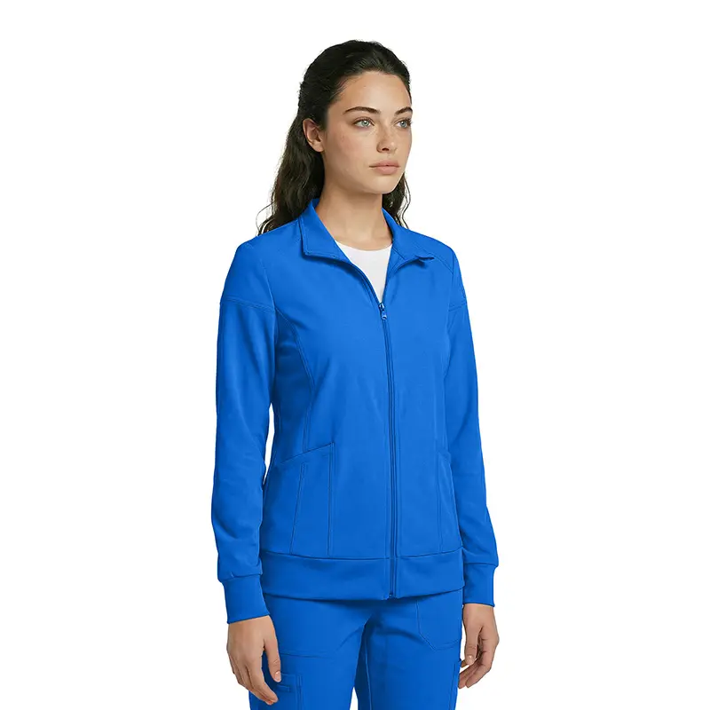 Wholesale women's blue zip-up jacket with collar and side pockets