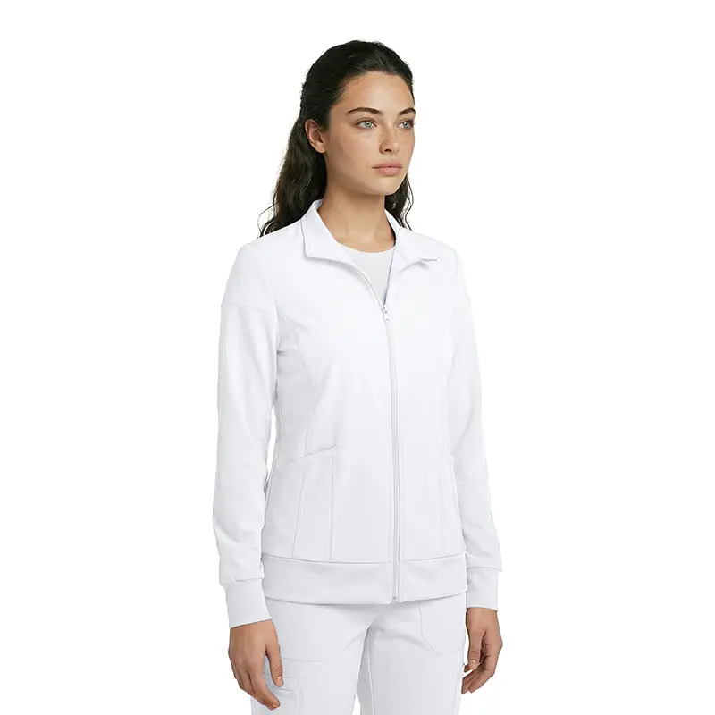 Wholesale women's white zip-up track jacket with ribbed cuffs and side pockets