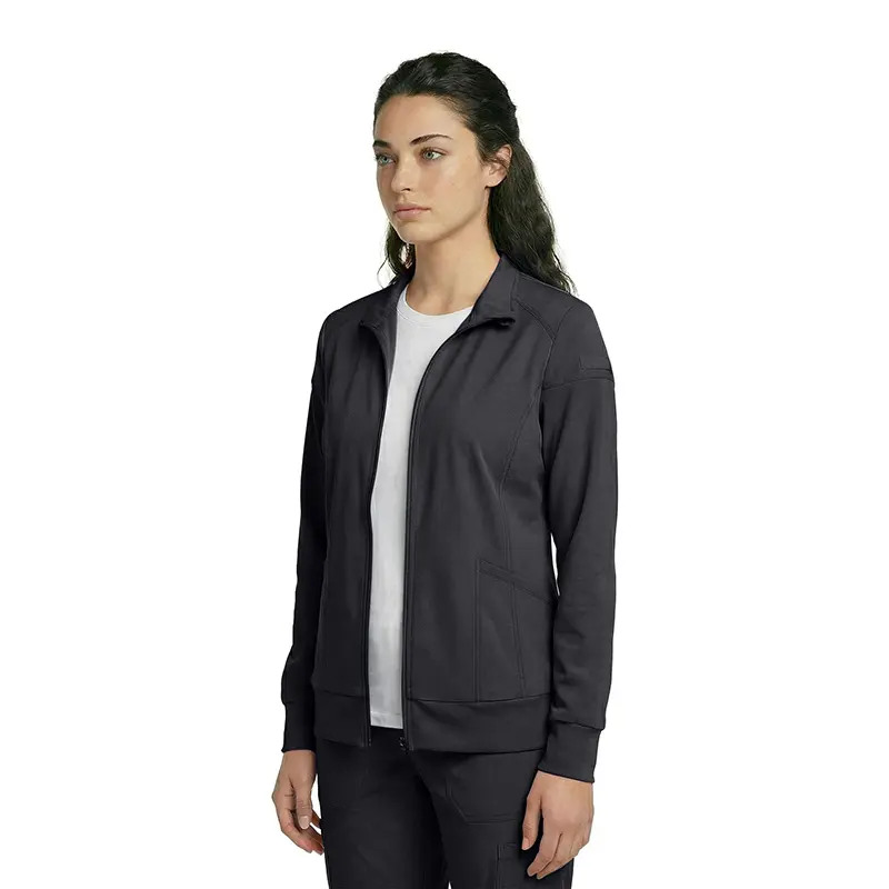 Wholesale women's black zip-up jacket with white undershirt and black pants