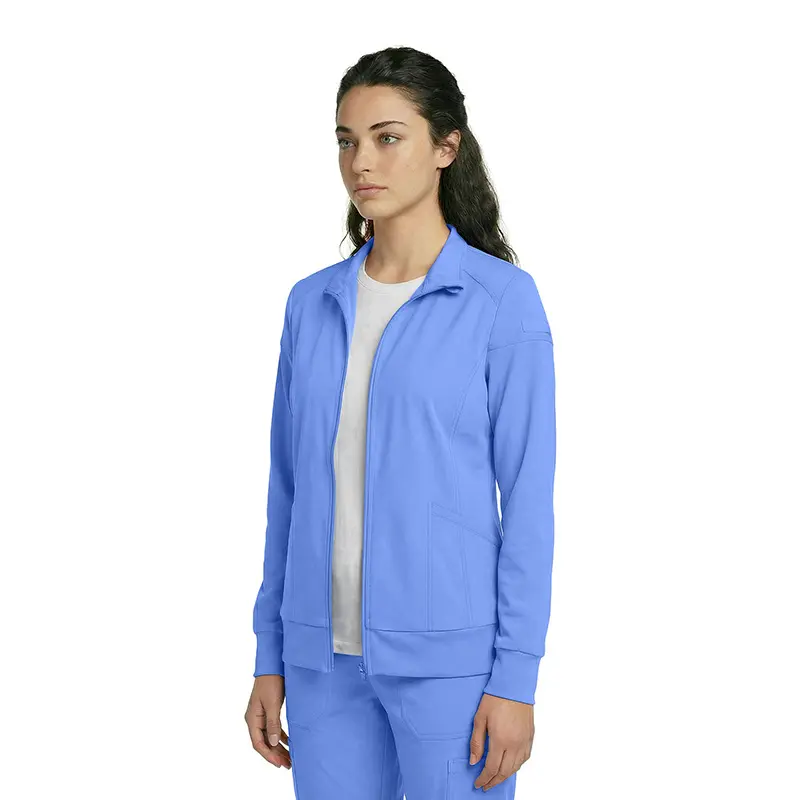 Wholesale women's periwinkle blue zip-up jacket with white undershirt and matching blue pants