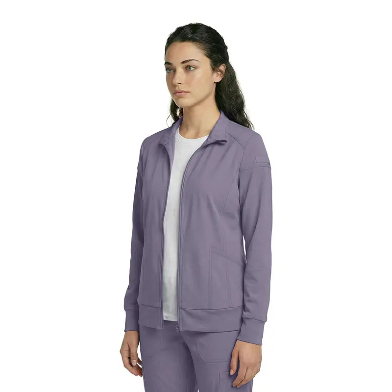 Wholesale women's purple zip-up jacket with white undershirt and matching purple pants
