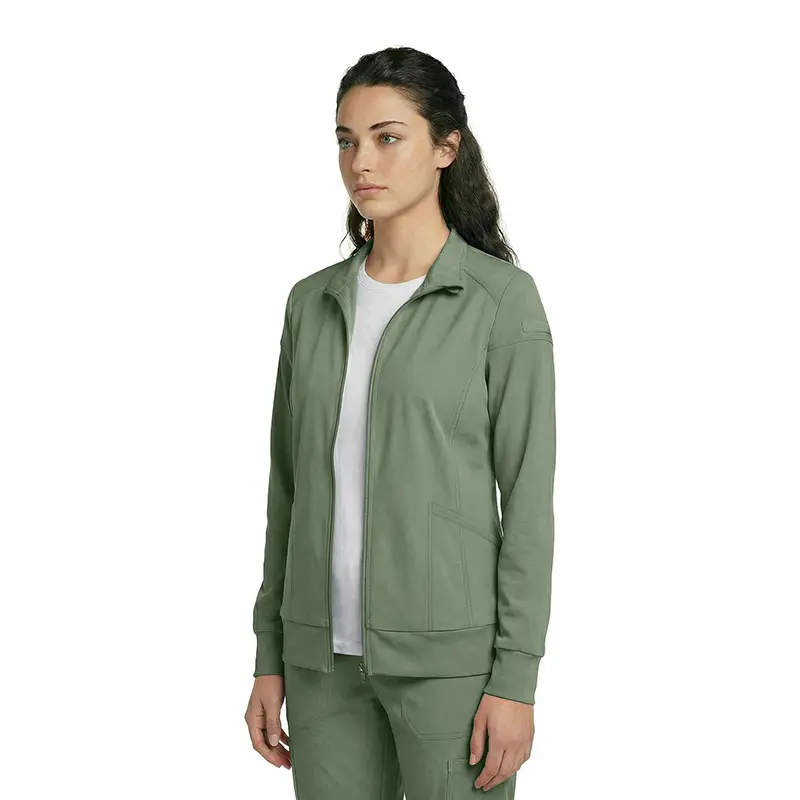 Wholesale women's sage green zip-up jacket with white undershirt and matching cargo pants