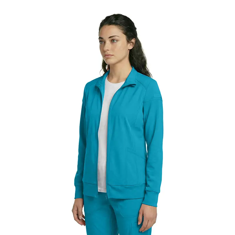 Wholesale women's teal zip-up jacket with white undershirt and matching teal pants