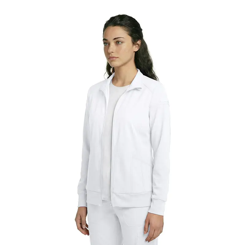 Wholesale women's white zip-up track jacket with long sleeves and ribbed cuffs
