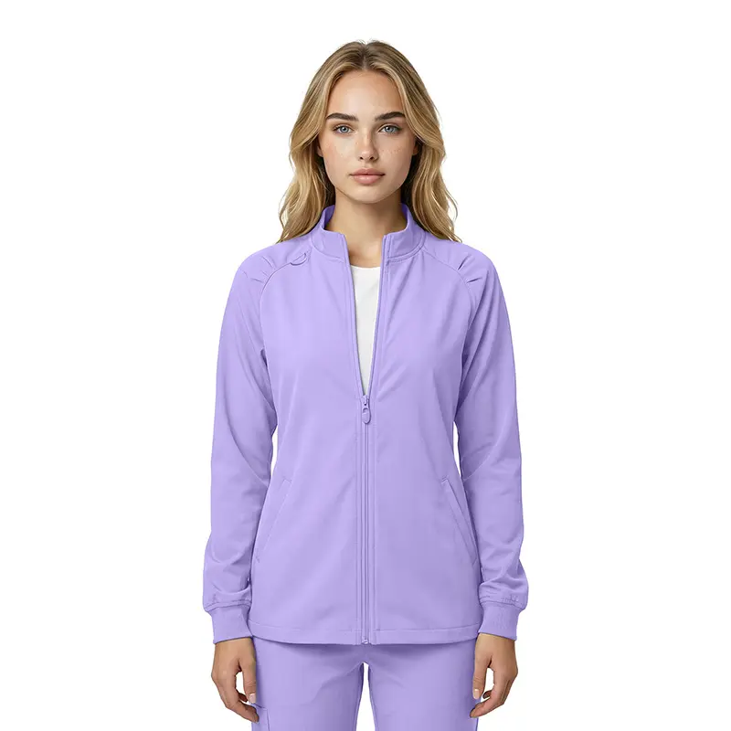 Wholesale women's lavender zip-up jacket with long sleeves and ribbed cuffs