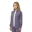 Wholesale women's purple zip-up jacket with white shirt underneath and matching purple pants