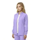 Wholesale women's lavender zip-up jacket with ribbed cuffs and front pockets over white shirt