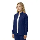 Wholesale women's navy blue zip-up jacket with white inner shirt and ribbed cuffs