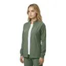 Wholesale women's sage green zip-up jacket with ribbed cuffs and pockets over white shirt