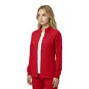 Wholesale women's red zip-up jacket with white interior trim and ribbed cuffs