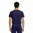 Wholesale men's navy blue short-sleeve t-shirt with matching jogger pants, back view